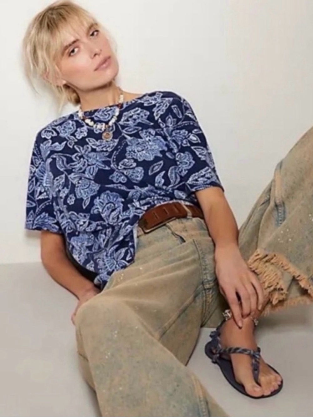 Free People We The Free Nina Floral Tee Small Indigo Blue Oversized Boho